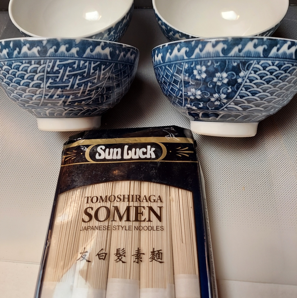 4 blue white bowls grandmillennial somen noodles